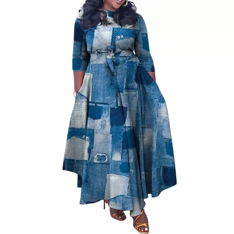 Plus Size Fashion African Party Dresses for Women Dashiki Ankara Lace Up Gowns Elegant Print Turkey Muslim Maxi Dress 2023 New