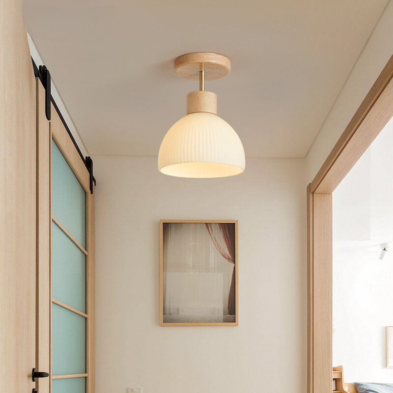 Lámpara colgante de madera para sala de estar, pantalla de cristal para pasillo, balcón, dormitorio, estudio, Lustre Simple, comedor