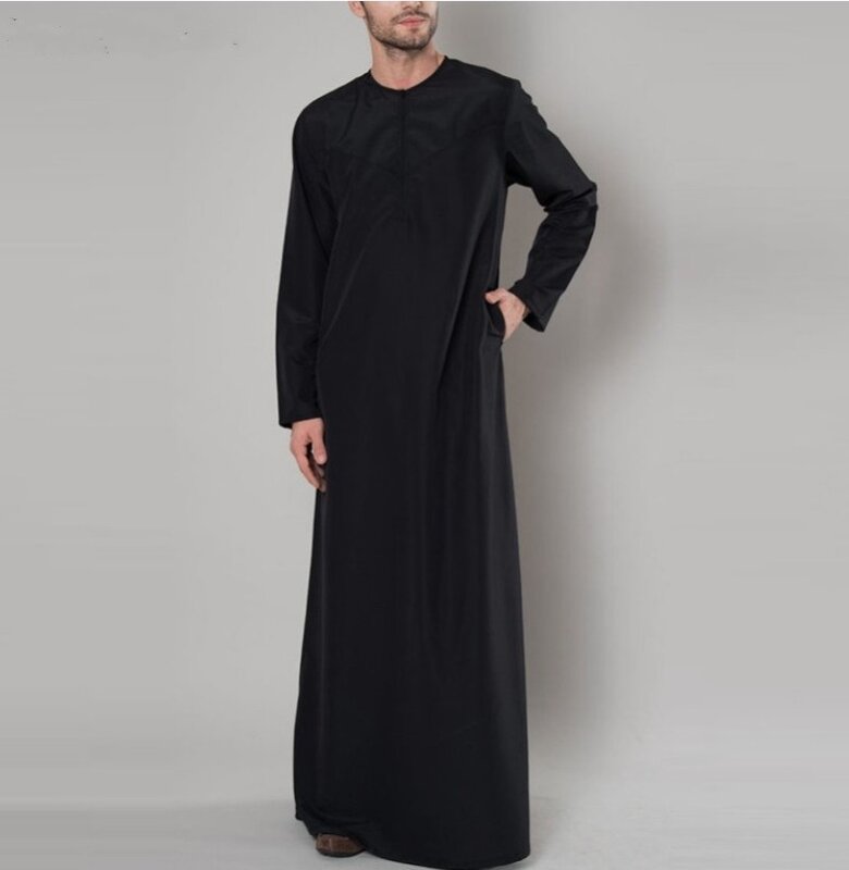 Baru Muslim Timur Tengah Arab Dubai Malaysia Pria longgar jubah ritsleting kemeja Jubba Thobe Fashion pakaian pria Muslim Fashion