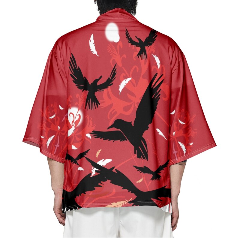 크로우 프린트 레드 기모노 가디건 코스프레 셔츠, 2023 여성 남성, 유카타 비치 하오리 전통 상의, 일본 스타일