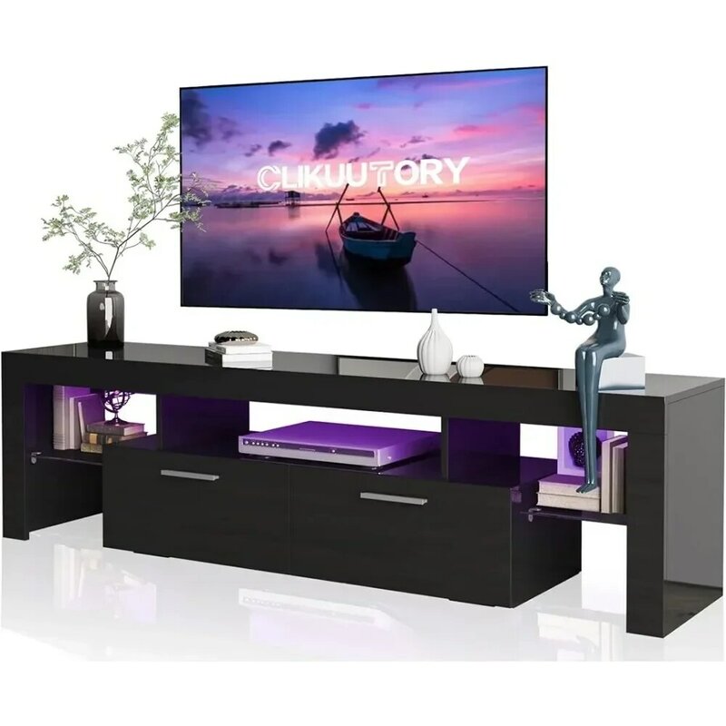 LED 63-Zoll-TV-Ständer mit großer Schublade, schwarze Holz-TV-Konsole mit Hochglanz-Gaming-Entertainment-Center