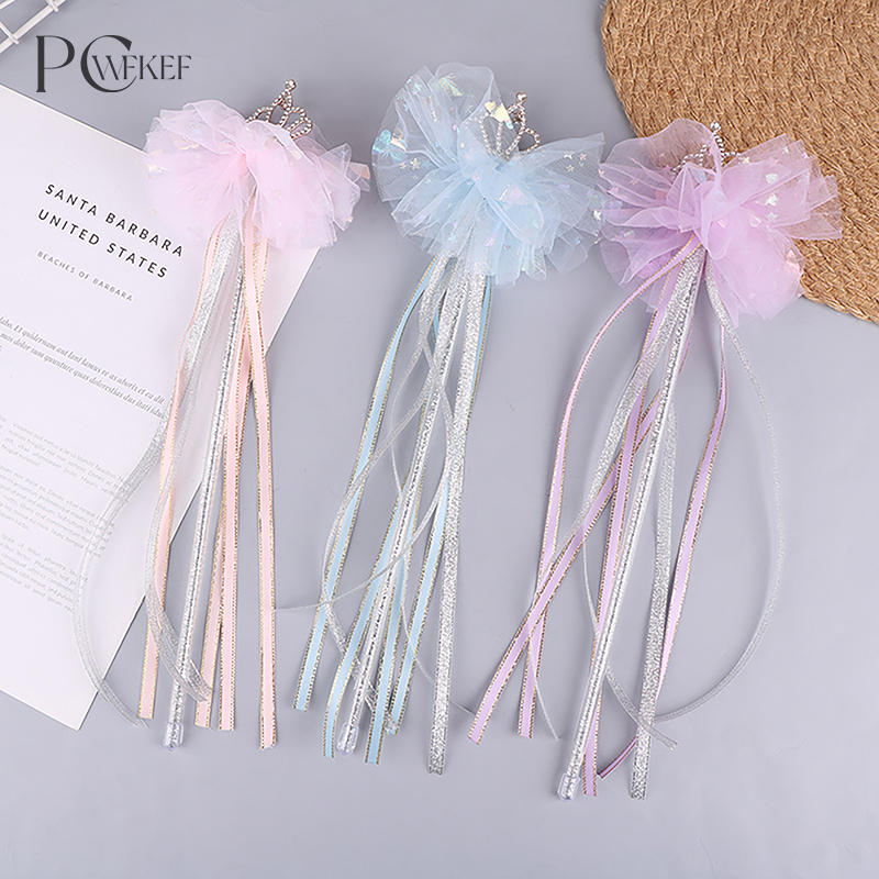 Tongkat sihir rumbai pita mahkota lucu tongkat peri tongkat properti Cosplay putri untuk perlengkapan pesta anak perempuan