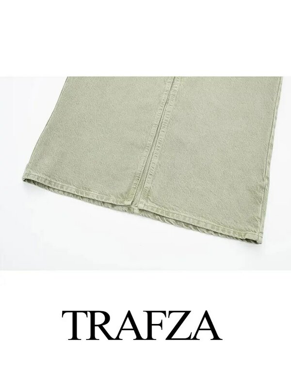 TRAFZA-Saia Verde de Fenda Frontal Feminina com Bolsos, Linha A, Fina, Cintura Alta, Vintage, Casual, Elegante, Moda Feminina, 2024