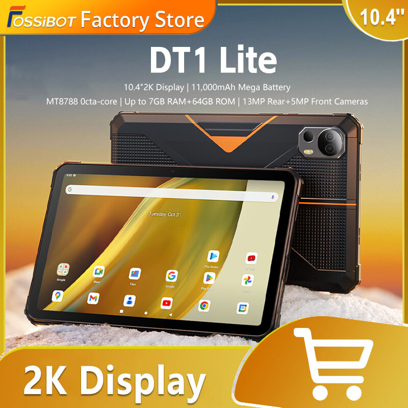 Прочный планшет FOSSiBOT DT1 Lite, Android 13, 10,4 дюйма, 2K-большой экран, аккумулятор 11000 мАч, 4 Гб ОЗУ, 64 Гб ПЗУ, четыре динамика высокого разрешения