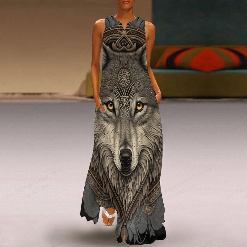 Nadruk z wilkiem sukienka kobiety moda impreza suknie wieczorowe Maxi długa sukienka zwierzęce szaty na co dzień luźne przedsionki damskie sukienki luksus