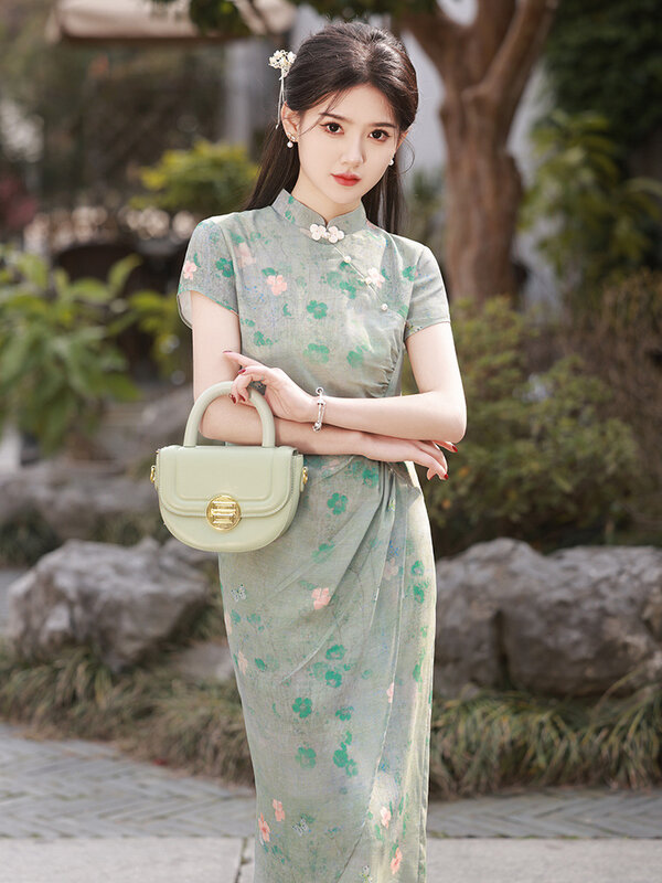 Migliorato semplice Cheongsam 2024 primavera estate vecchio stile Shanghai Qipao elegante temperamento giovane vestito stampato