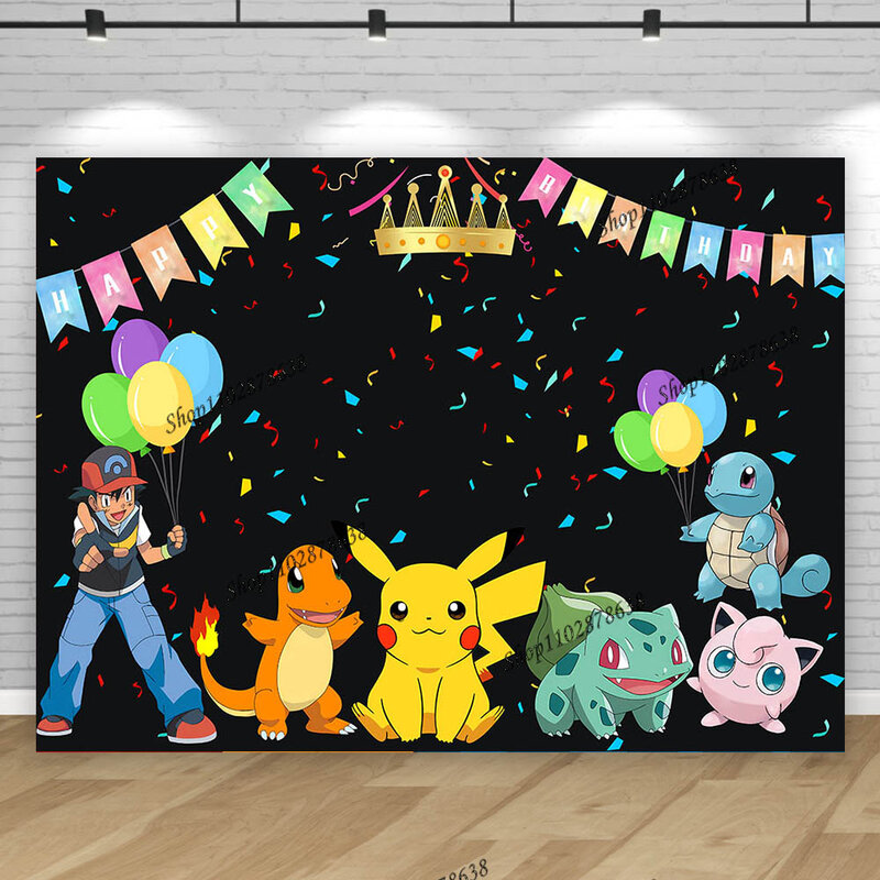 Pokemon Backdrop Boy Kid Birthday Party Photography Background Pet Elf Pikachu Photo Baby Shower Banner Decor Poster Props Strea