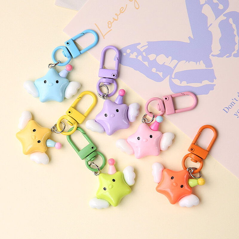 Anime Lovely Star Wings Keychain Sweet Girl Student School Bag Pendant Friend Gift Five Point Star Jewelry For Girls Kids Gifts