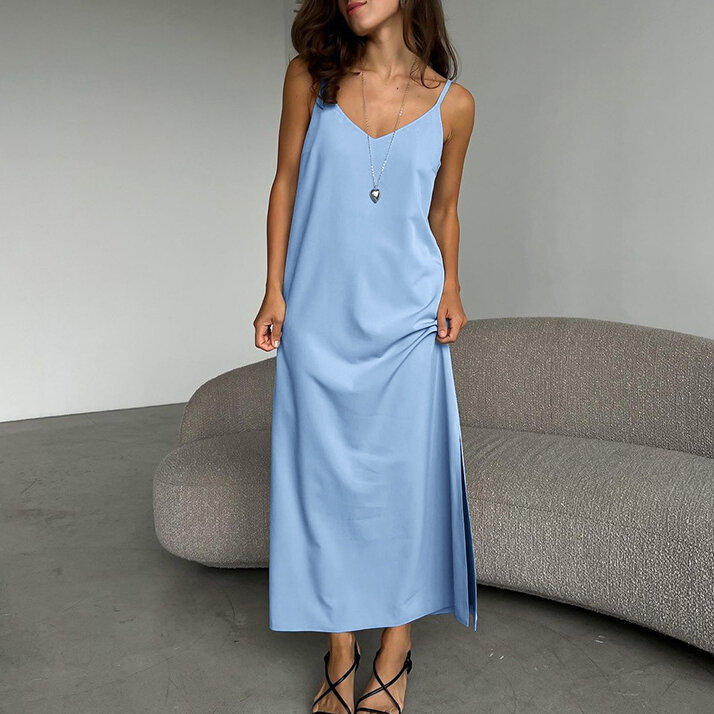Gaun Sling longgar santai gaun rumah wanita Musim Panas 2024 gaun Split Maxi tanpa lengan polos leher-v biru seksi ketat baru
