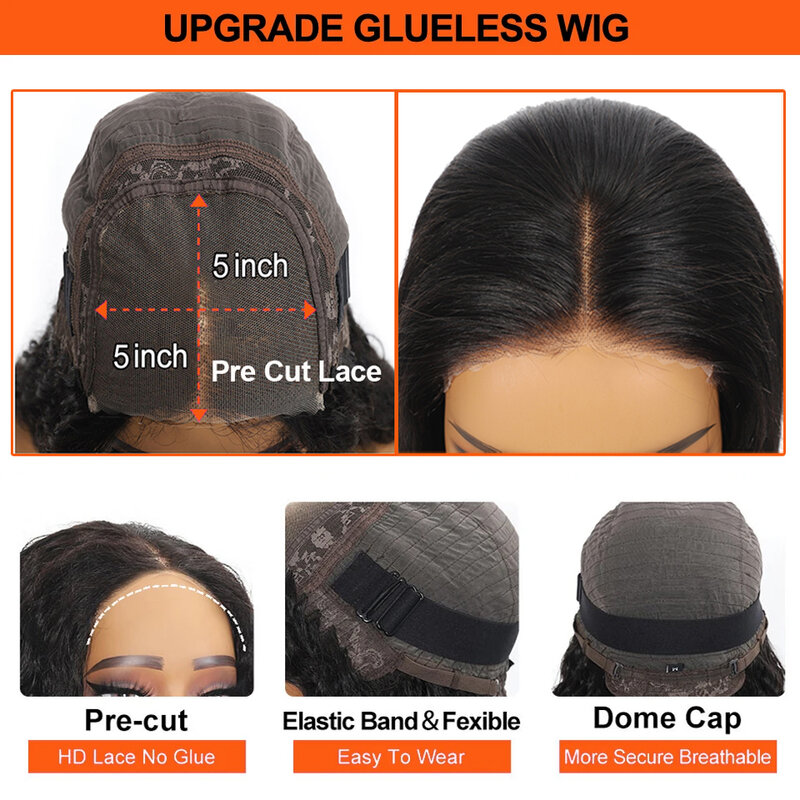 Peruca de cabelo humano pré-cortada Glueless para mulheres, HD Lace Front, fechamento frontal completo, 13x4, 5x5