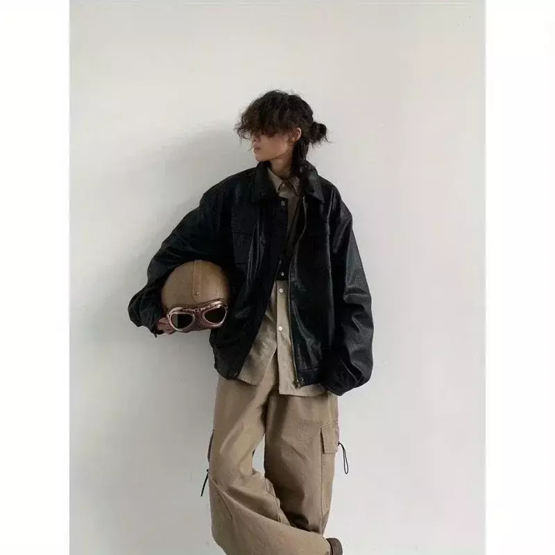 Jaket kulit motor pria, Bomber Retro longgar Pu mantel pendek kasual Jepang Streetwear multi-saku