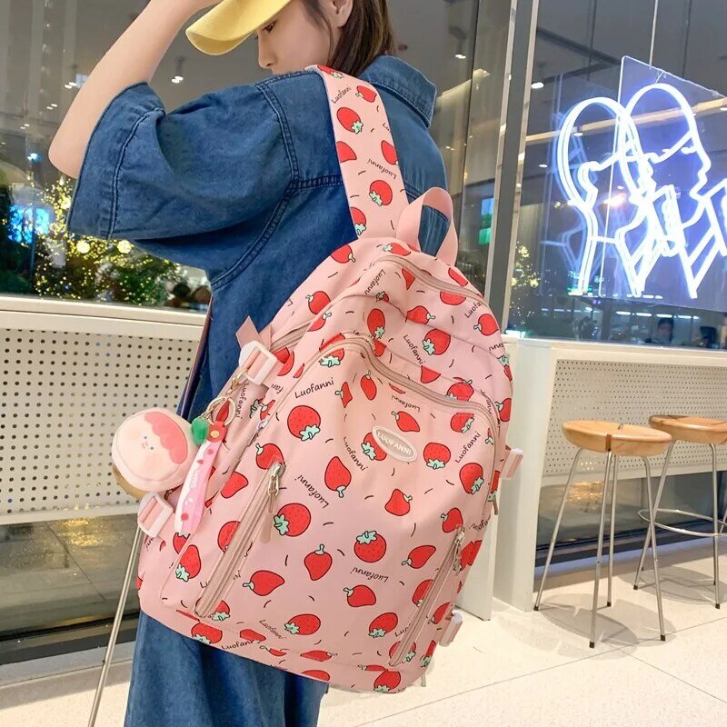 Cute Strawberry Printed Girls' Schoolbag with Wide Shoulder Strap To Reduce Load and Protect The Spine Backpack Campus