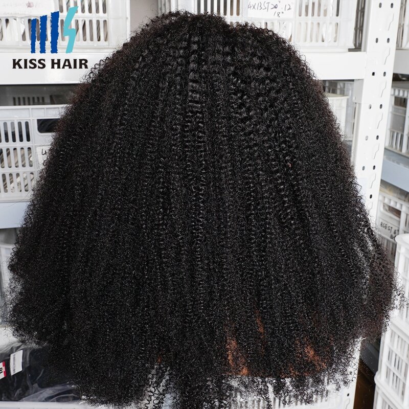 Afro Kinky Curly Front Lace Wig, Cabelo Humano Glueless, Perucas de Cor Preta Pré-Arrancadas, 13*4 Frontal Wig, 4*4 Encerramento, 300%