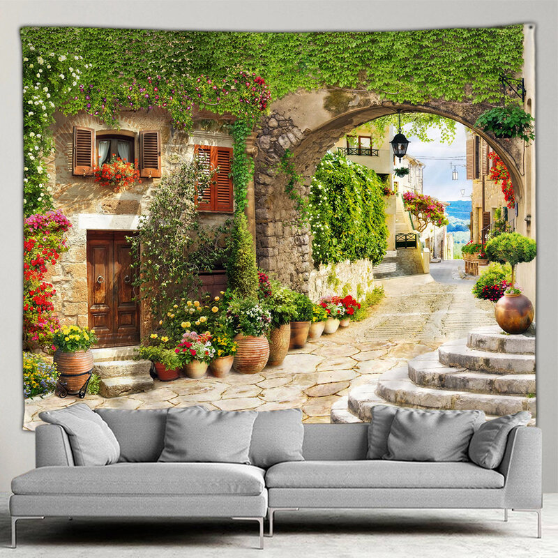 Poster taman luar ruangan pemandangan Mediterania permadani bunga botani Dekorasi seni gantung dinding latar belakang kamar tidur ruang tamu