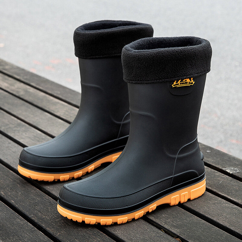 Botas de chuva de borracha impermeáveis masculinas, sapatos de água antiderrapantes, botas de chuva de meia panturrilha, sapatos de segurança no trabalho
