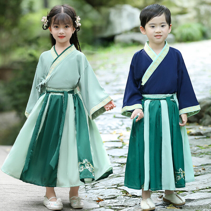 Chiński styl dziewczyny i chłopcy dwuczęściowy Hanfu dla dzieci Unisex kobiety kostium strój Tang Cospaly haft starożytny wydajność