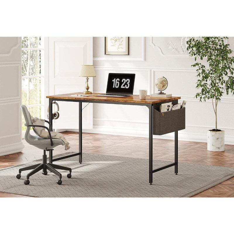 書斎用コンピューターデスク,モダンでシンプルなスタイルのテーブル,黒の金属フレーム,素朴な茶色,32インチ