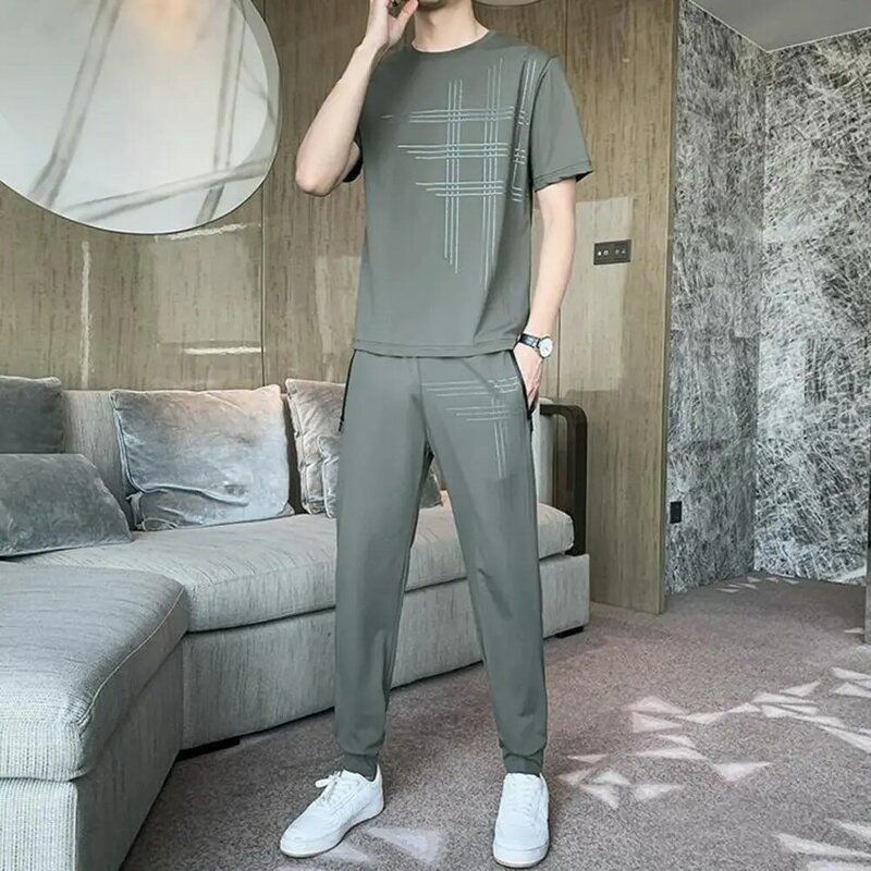 Solid Color Suit Men's Casual Sports Suit Set with Short Sleeve T-shirt Elastic Waist Trouser Line Print Tracksuit for Home