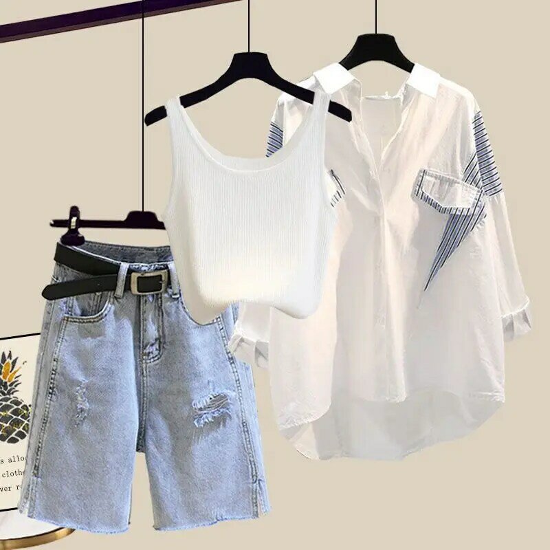 여성 데님 반바지 3 종 세트, 슬림하고 코디하기 쉬운 셔츠, 세련된 한국 스타일, 2024 여름 신상