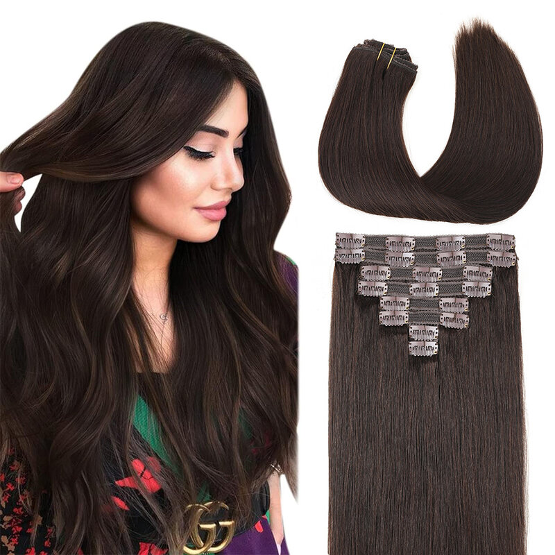 Klip dalam rambut ekstensi rambut manusia klip kepala penuh mulus anyaman ganda klip ekstensi rambut untuk wanita coklat gelap 2 #8 buah/set