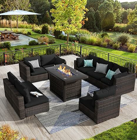 9 Piece Patio Furniture Set with Fire Pit Table, All Weather Outdoor Sectional PE Rattan, Patio Conversation Sets with Cushions