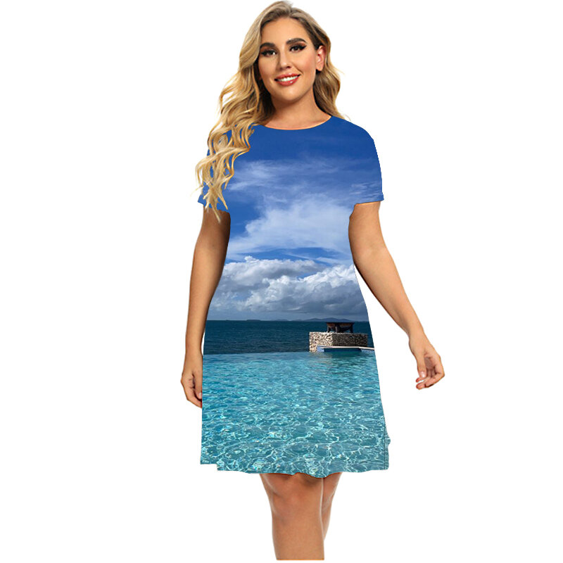 الصيف المناظر الطبيعية الشاطئ نمط المرأة فساتين حجم كبير قصيرة الأكمام فستان قصير عادية جولة الرقبة طباعة ملابس فضفاضة 6XL
