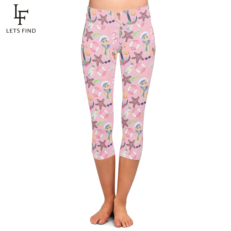 LETSFIND Workout Leggings 3D The Cats and The Starfish Print High Waist Women Pants Fashion Fitness Capri Leggings