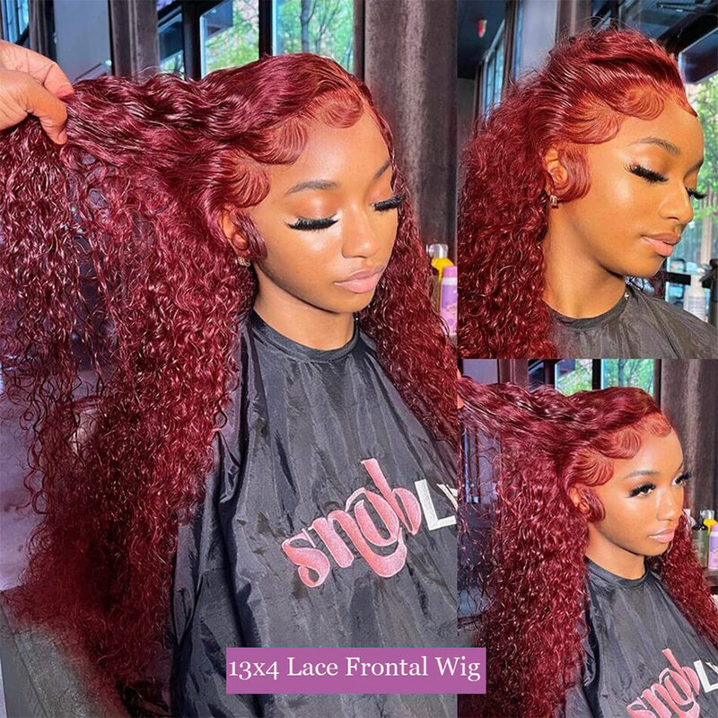 WiggKnitting-Perruque Lace Front Wig naturelle bouclée, cheveux humains colorés, Deep Wave, rouge bordeaux 99J, 13x6, HD