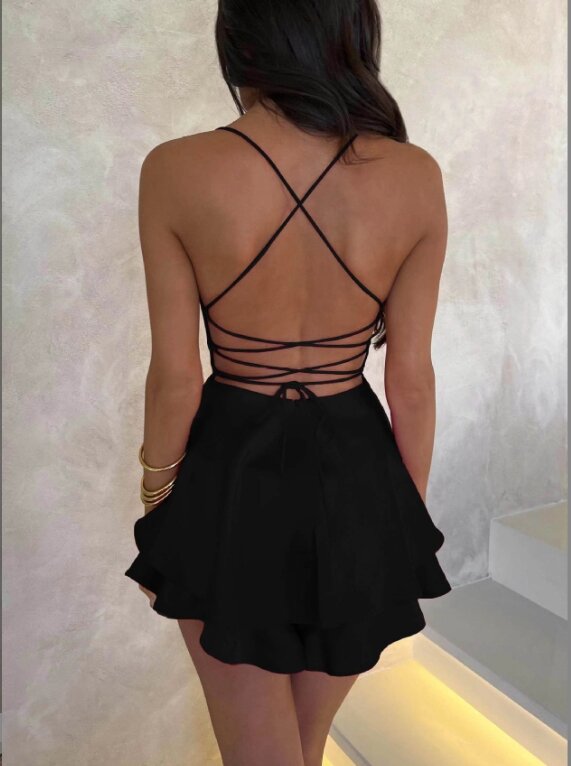 2024 Women Solid Color Cami Playsuits Cowl Neck Sleeveless Short Jumpsuits Summer Cross Tie-Up Backless Romper Clubwear Dress