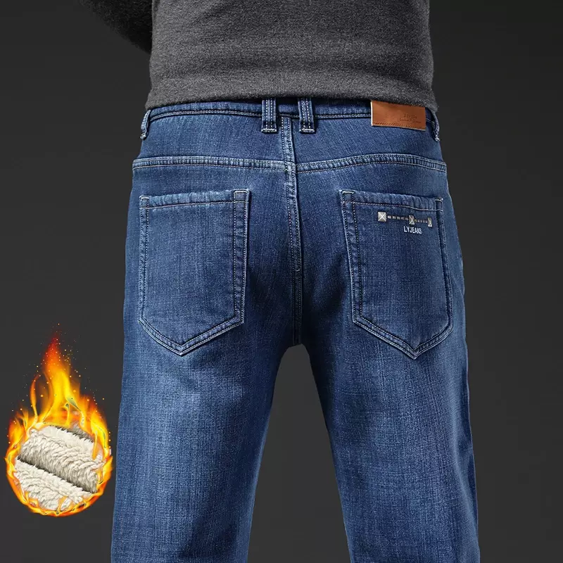 Calça jeans stretch grossa micro grossa de lã para homens, calça térmica stretch, casual de negócios clássico, nova marca, inverno, 2023