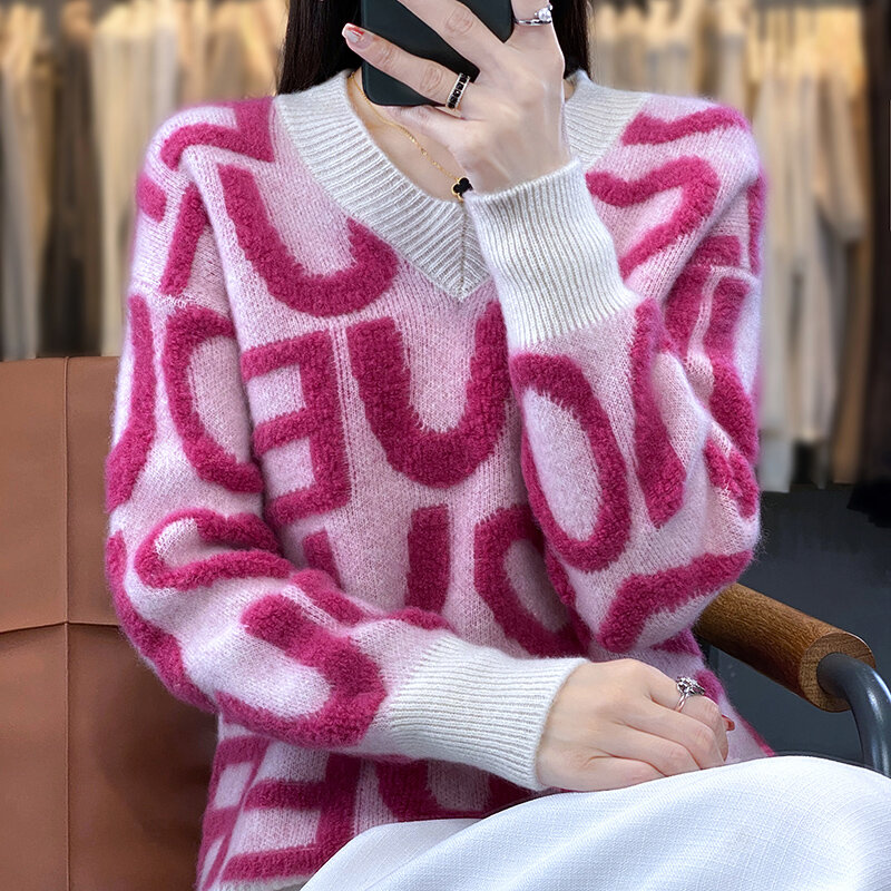 2023 jesień/zima nowy sweter damski 100% wełniany sweter kaszmirowy luźny dekolt w szpic dziergany sweter koreański modny haft Top