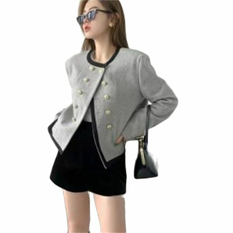 2024 Spring Autumn New Outwear Tops Korean Contrast Color Double Breasted O-Neck Coat Fashion Short Women Jacket