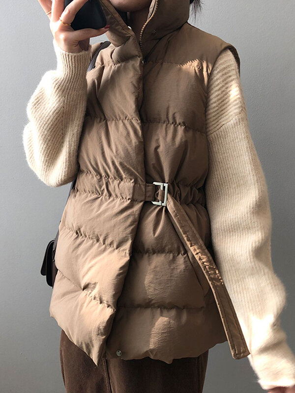 Chaleco informal con cinturón para mujer, chaqueta elegante sin mangas con cremallera y cuello levantado, chaleco de plumón liso con bolsillo