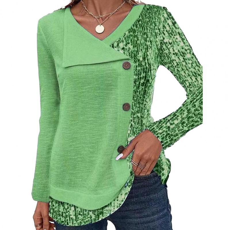Nadrukowany poliestrowy Top z cekinami patchworkowy asymetryczna bluzka jesienno-wiosenny damski ozdobny guzik z długim rękawem luźny pulower miękki długi