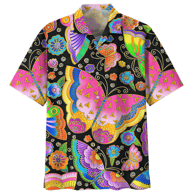 Camisa havaiana de borboleta colorida masculina e feminina Praia do verão Camisas com animais impressos em 3D Manga curta de lapela Blusa de botão, Hot Sale