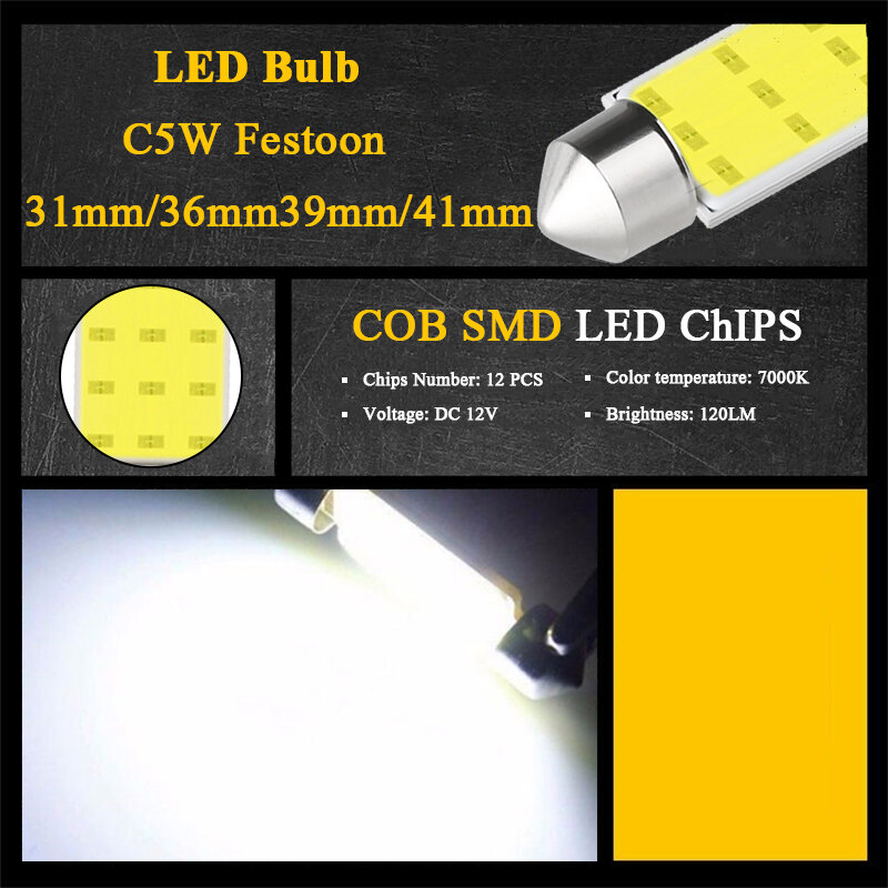 1 / 4 / 10 C10W C5W LED COB Feston 31mm 36mm 39mm 41 / 42mm 12V Белая лампочка для внутреннего чтения 6500K 12SMD