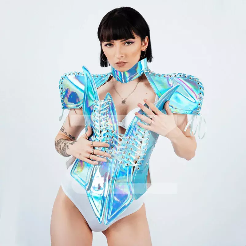 Body de vendaje de hombro con armadura láser reflectante para mujer, ropa de actuación de escenario de cantante, disfraz de Cosplay espacial de tecnología futura