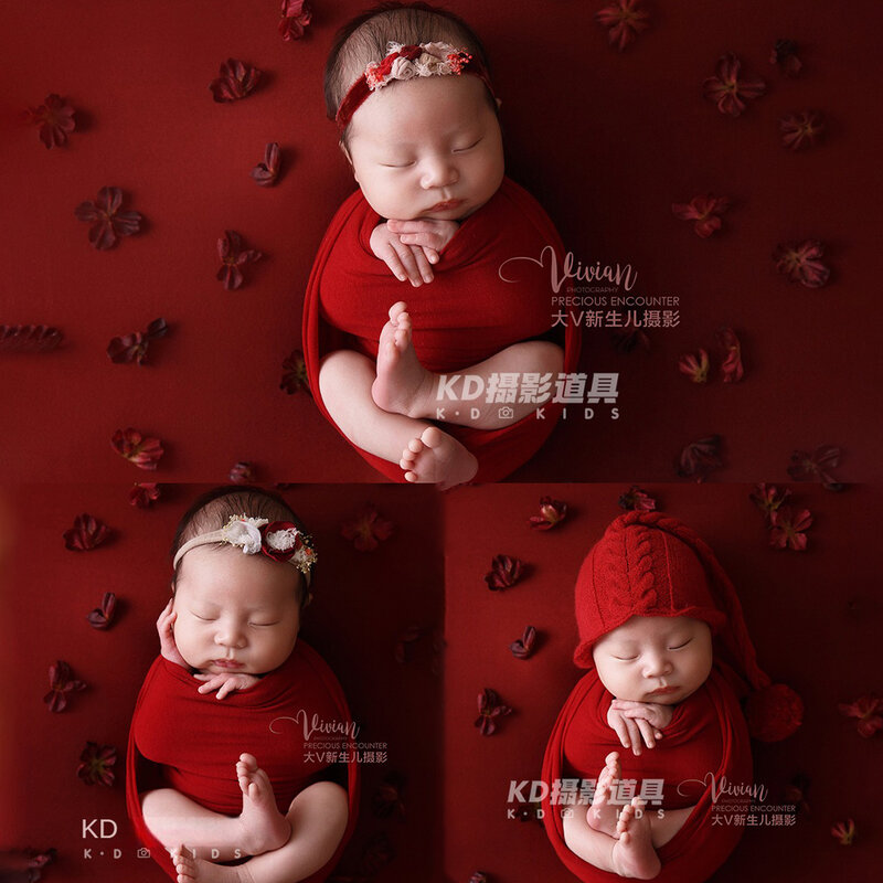 6pcs/Set Newborn Photography Props Soft Stretchable Baby Swaddle Wrap Headflower Red Theme Studio Infant Photography Accessories