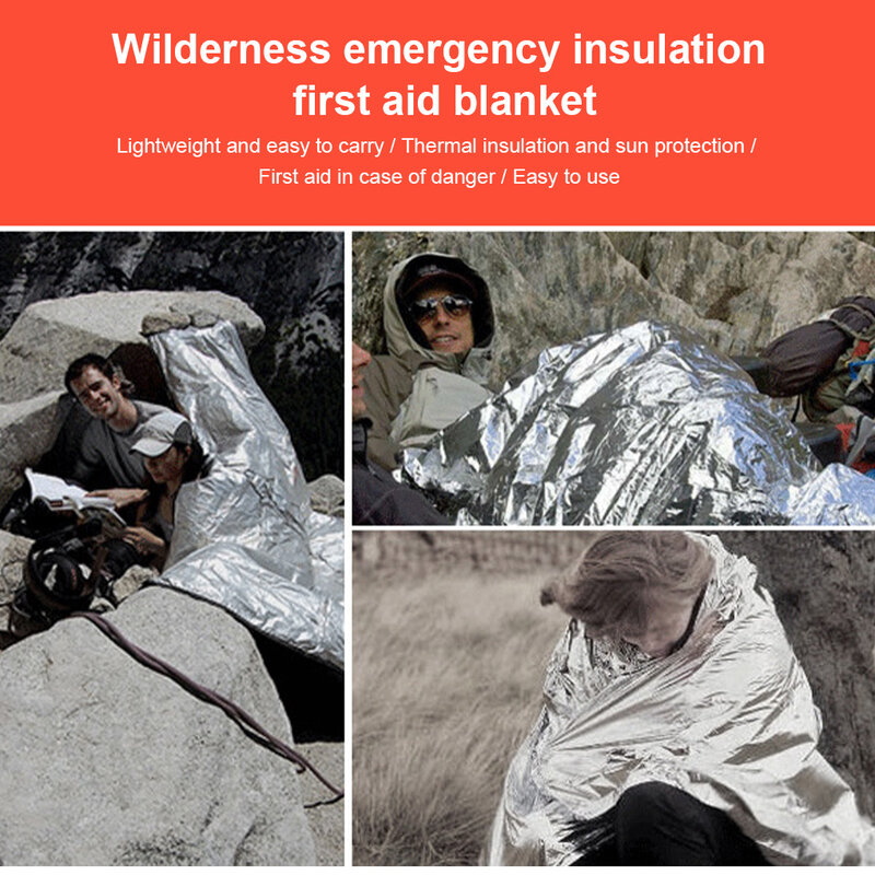 Manta de emergencia para acampar al aire libre, cubierta térmica, mochilero, portátil, reflectante, un solo uso, sueño, plata, 140x210cm