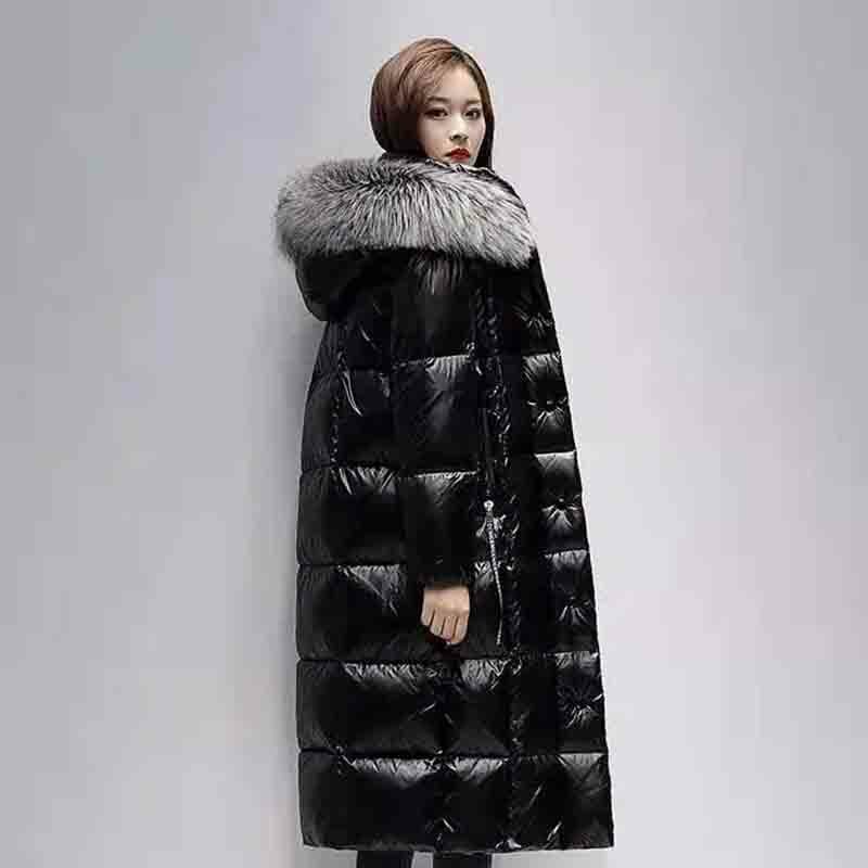 Casaco feminino de colarinho de pato com capuz, casaco longo quente, branco e preto, antiestação, até o joelho, moda nova, inverno, 2022