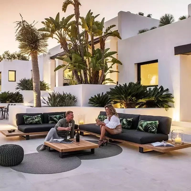 Custom outdoor teak sofa courtyard designer garden hotel balcony simple modern aluminum alloy solid wood furniture combination