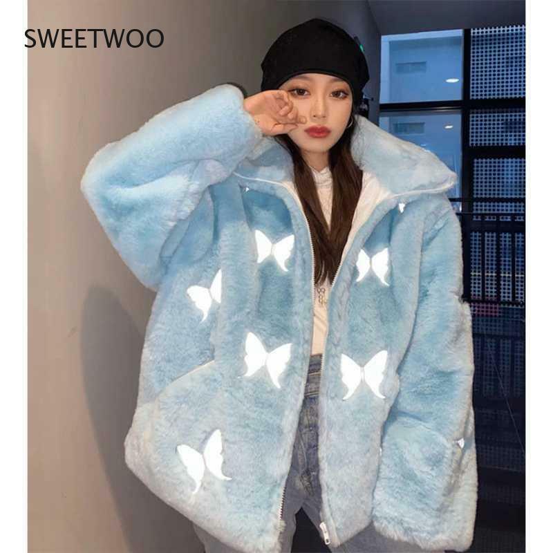 2022 Winter Faux Fur Coat Women's Plush Reflective Butterfly Imitation Coat Hip-Hop Casual Loose Coat Women's Thick Top