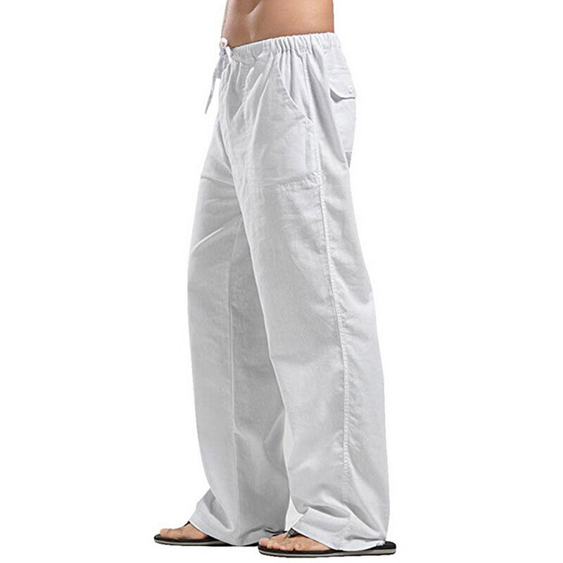 กางเกงฝ้ายลินินขายาวสำหรับผู้ชาย, กางเกงลำลองขายาวเอวยางยืดกางเกงลำลองขนาดใหญ่น้ำหนักเบา