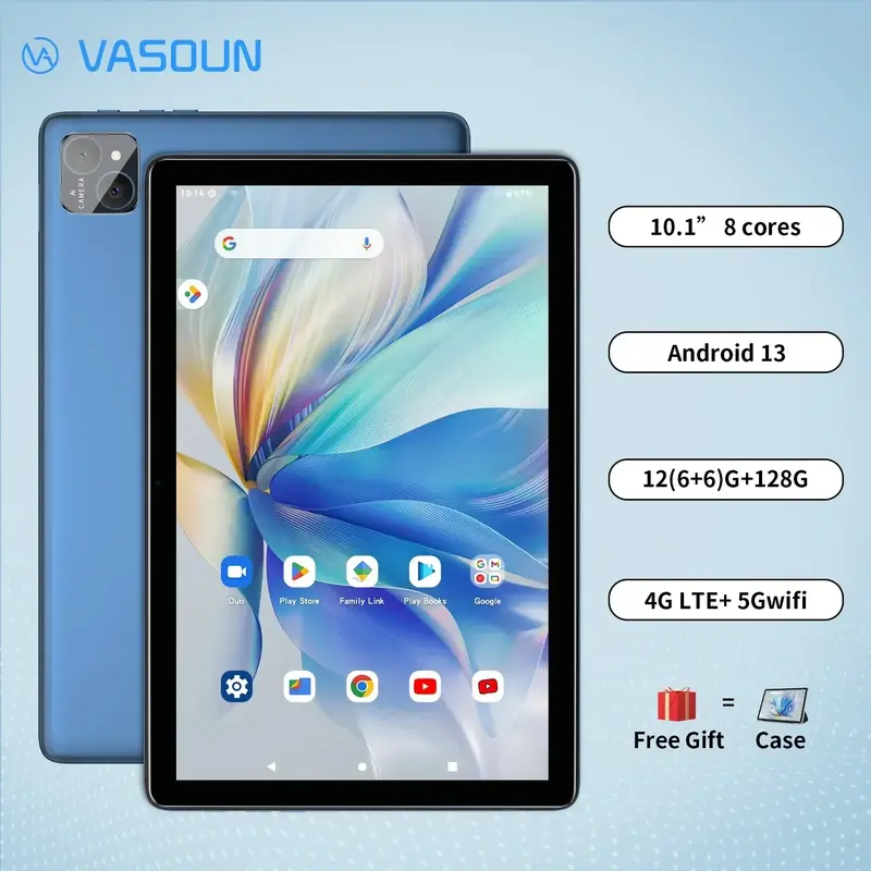 VASOUN-Tablet Android 13, 10.1 ", 12GB RAM, Expansão 6 + 6, 128GB ROM, Octa Core, Dual SIM, 4G, 2.4G, 5G WiFi, GPS
