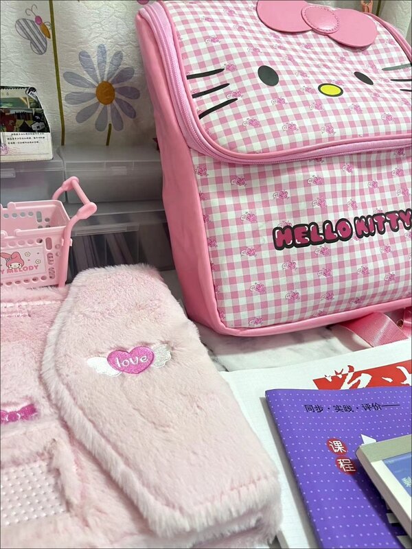 Mochila bonito Hello Kitty para menina, bolsa de escola de couro PU, saco de viagem vintage, laptop feminino, estudante universitário, novo, Y2K