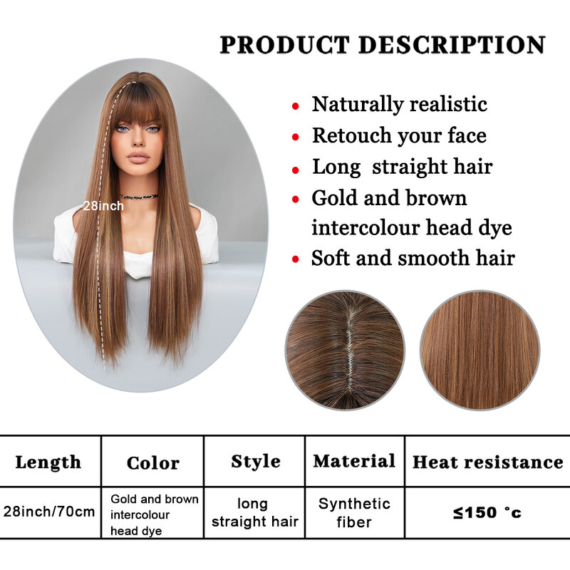 PARK YUN-peruca marrom reta longa com franja para mulheres, perucas sintéticas, resistente ao calor, destaque loiro, cosplay de festa, diário