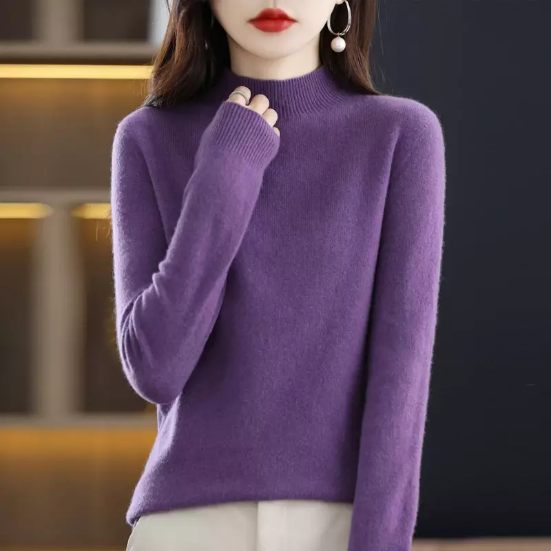 100% wol sweter wanita musim gugur musim dingin kasmir Pullover kerah setengah tinggi warna murni liar atasan lengan panjang modis kasual