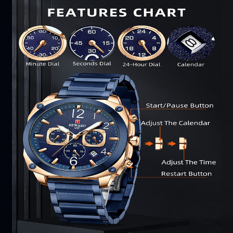 2023 New REWARD Quartz Watches for Men Waterproof Wristwatch Business Solid Stainless Steel Wrist Watch Gift for Christmas