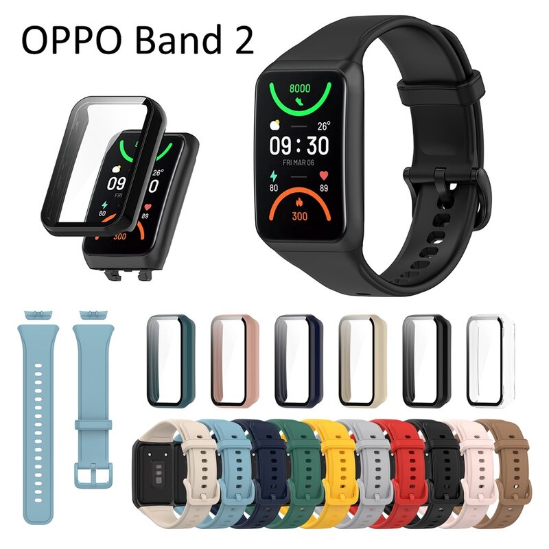 OPPO Band 2 스트랩 강화 유리 화면 보호기 케이스 PC 범퍼 프레임 케이스 커버, 실리콘 소프트 스마트 밴드 액세서리