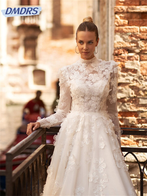 Gaun pengantin lengan panjang romantis 2024 gaun pernikahan Applique menawan klasik gaun panjang selantai A Line Vestidos De Novia
